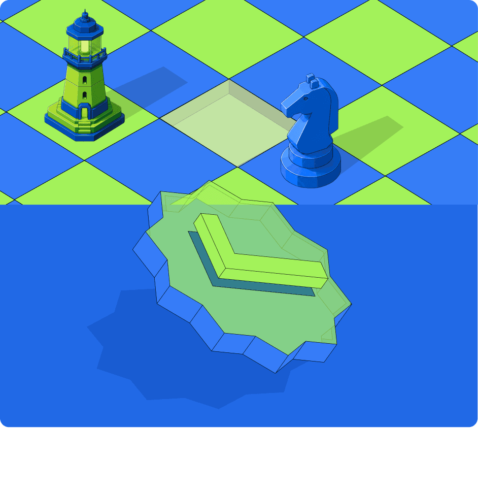 Isometric chess-board illustration with a lighthouse and knight in blue and lime