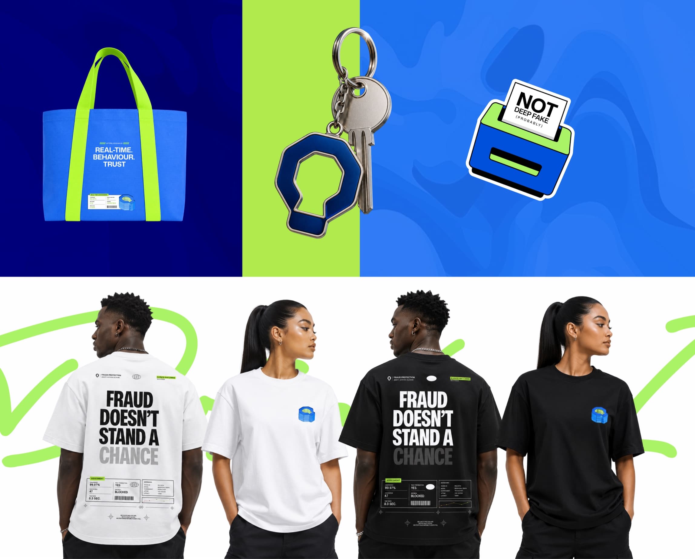 Dojah merchandise: blue tote bag, keychain, sticker and four branded t-shirts