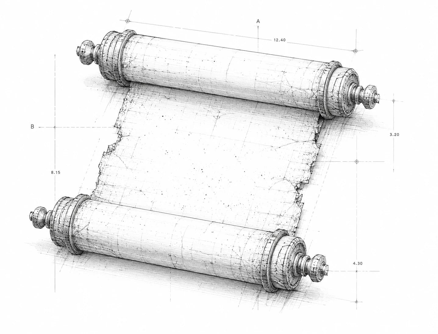 Architectural pencil sketch of an unrolled scroll with measurement annotations