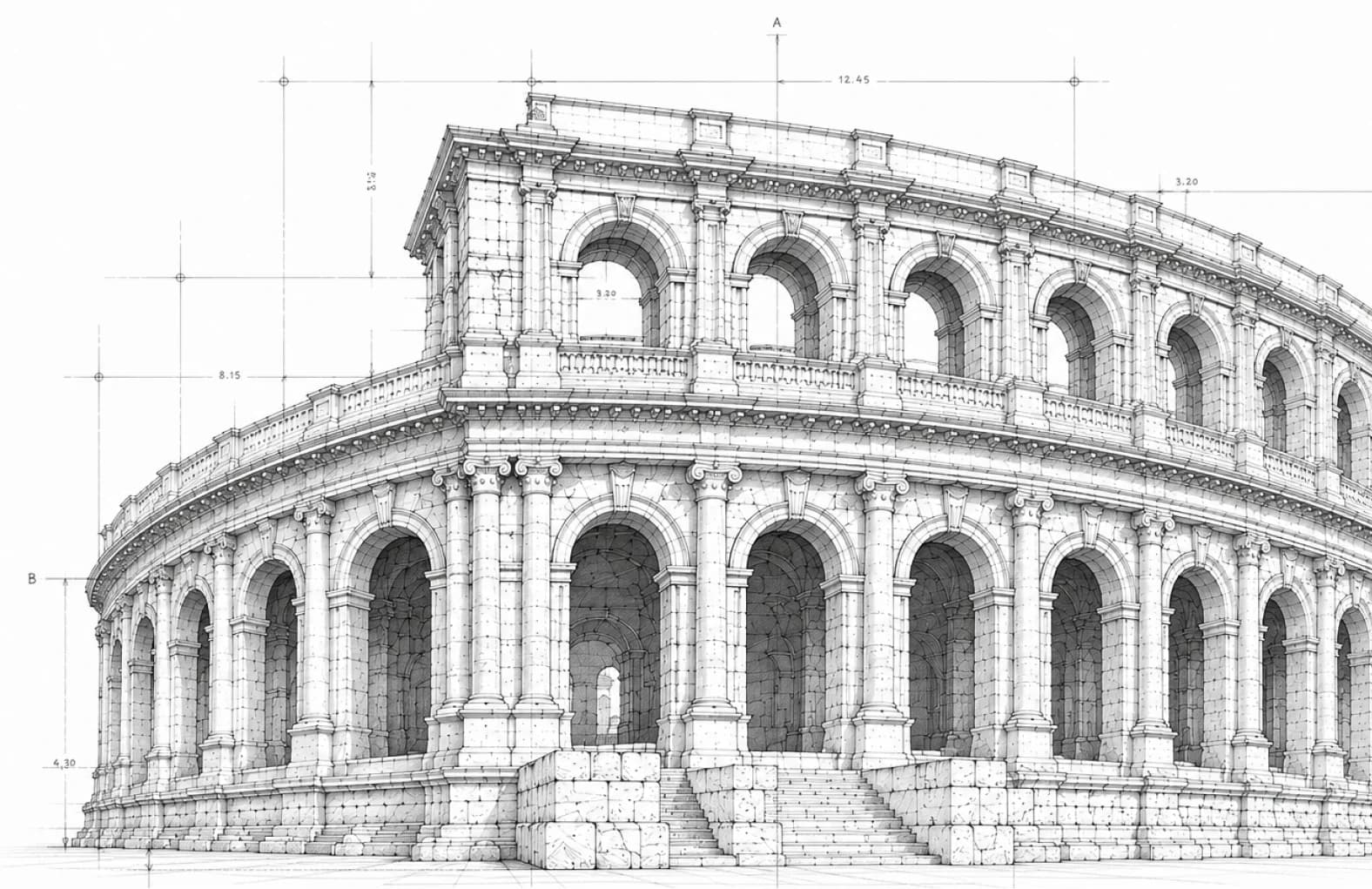 Architectural pencil sketch of the Colosseum with measurement annotations